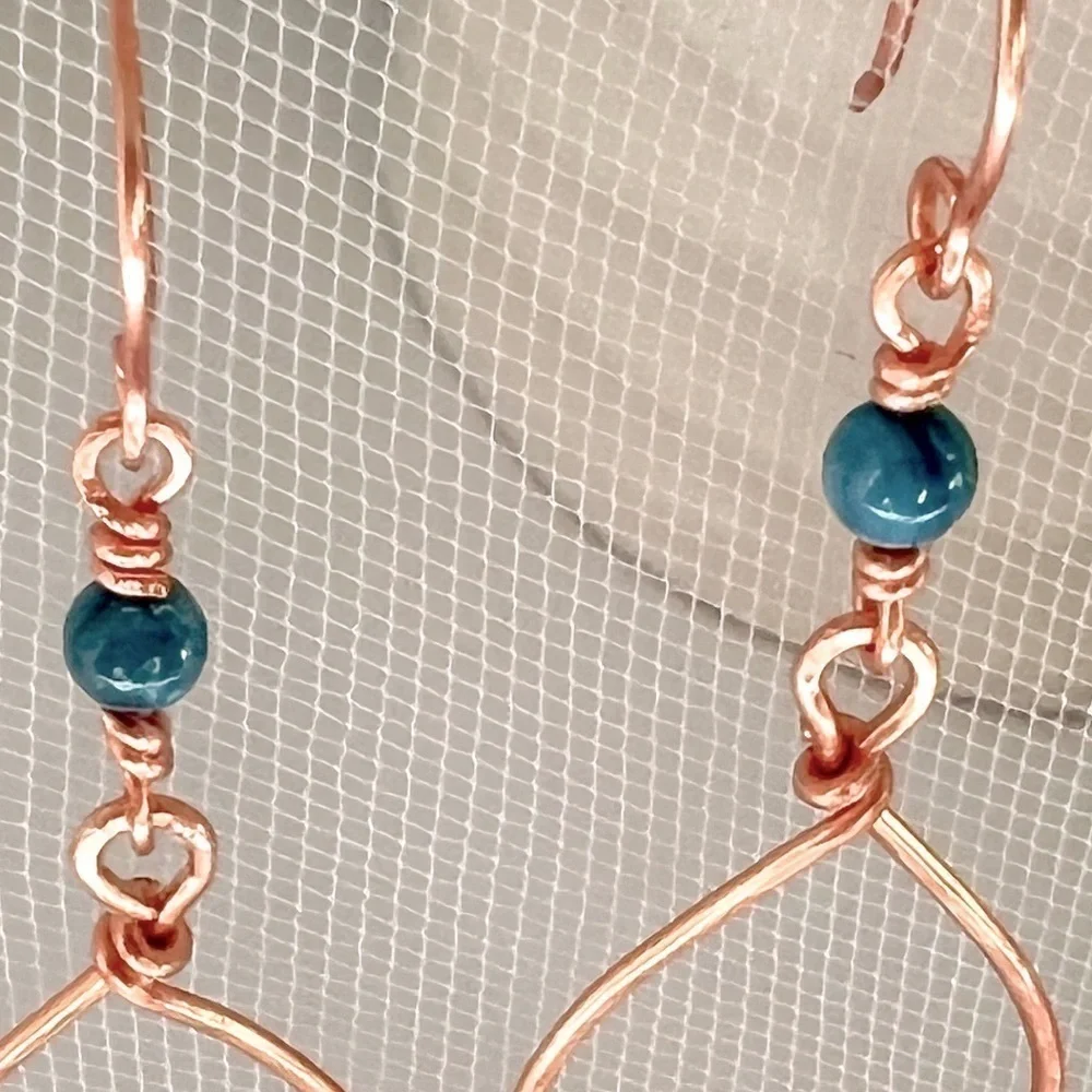 Hammered Copper Wire Wrap Earrings with Blue River Shell Beads